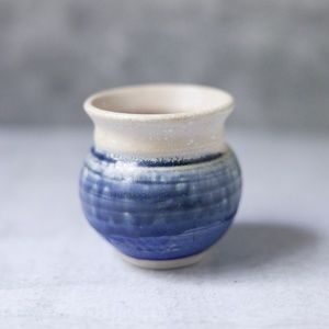 Handmade blue glazed pottery jar crock vase signed Stina 3.5 inches